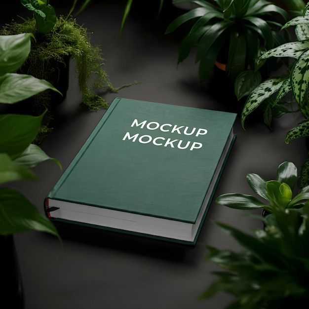 Hard cover book mockup with plants