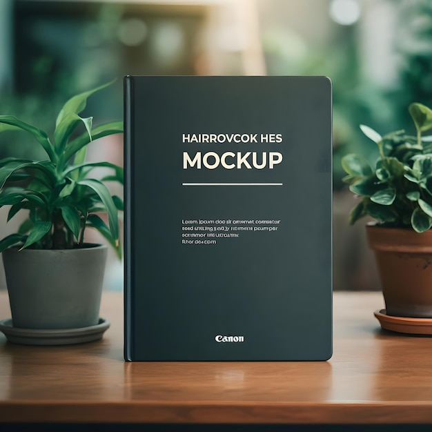 Hard cover book mockup with plants