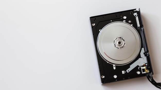 Photo hard disk drive hdd with open cover and readwrite head placed on white background