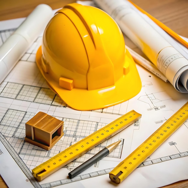 Hard Hat Blueprints and Rulers on Clean White Backdrop Isolated