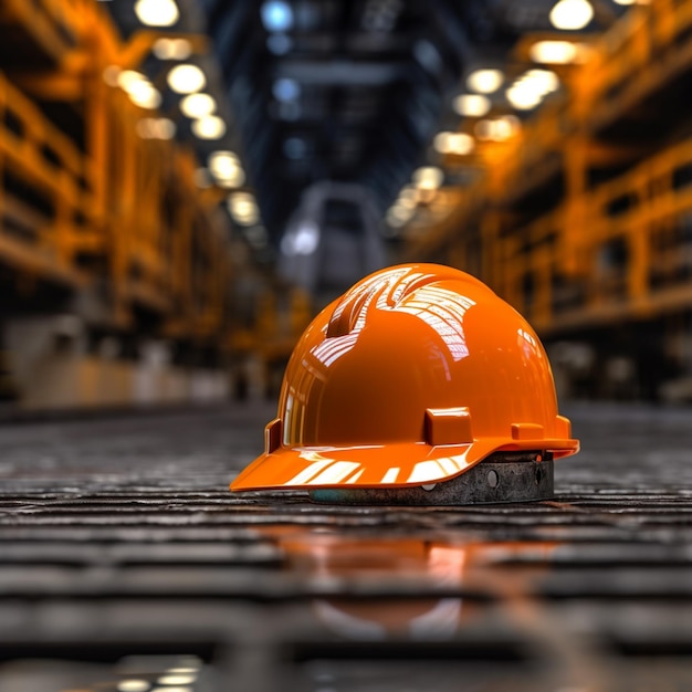 A hard hat on the ground in a warehouse with the word " construction " on it.