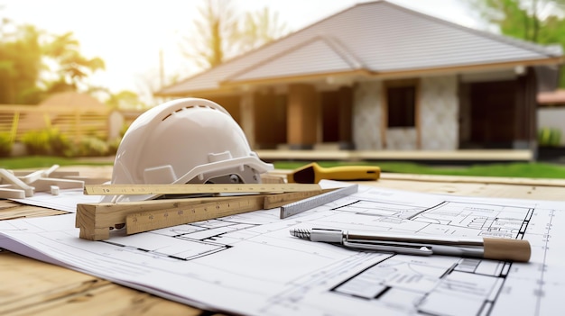 Photo a hard hat ruler and pen sit on a blueprint in front of a newly constructed home the