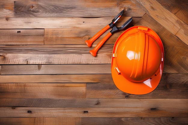 A hard hat and two screwdrivers on a wooden table