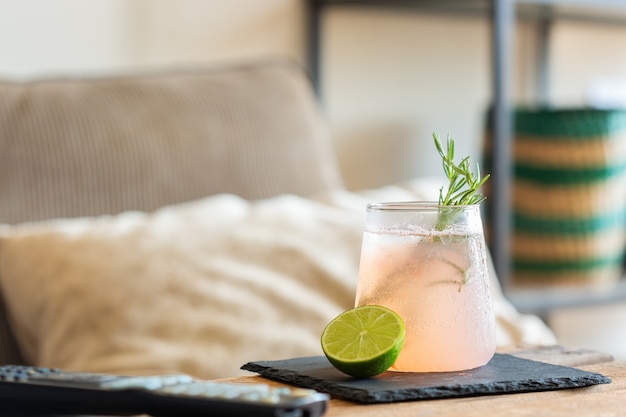 Hard seltzer cocktail with lime for relaxing afternoon at home