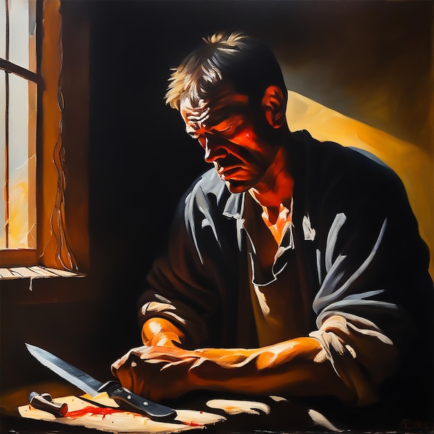 A Hard Worker Man Interior Stabbing Tired Face Oil Painting Natural Sunlight Dark Color