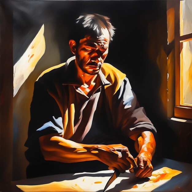 A Hard Worker Man Interior Stabbing Tired Face Oil Painting Natural Sunlight Dark Color