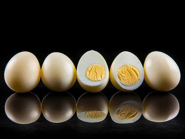 Hardboiled and halved eggs on a black background generated ai