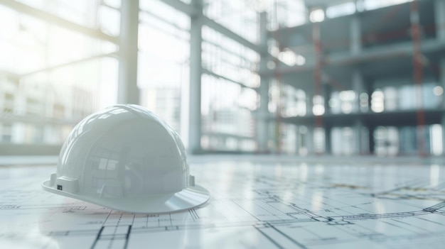 Hardhat on blueprints in a bright modern construction site