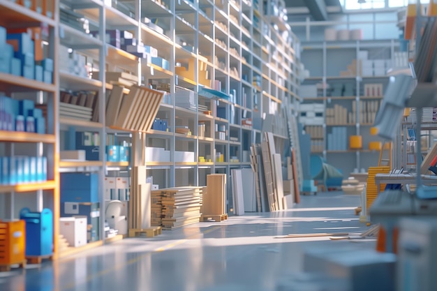 Hardware store interior with home improvement retailer warehouse and racks of tool