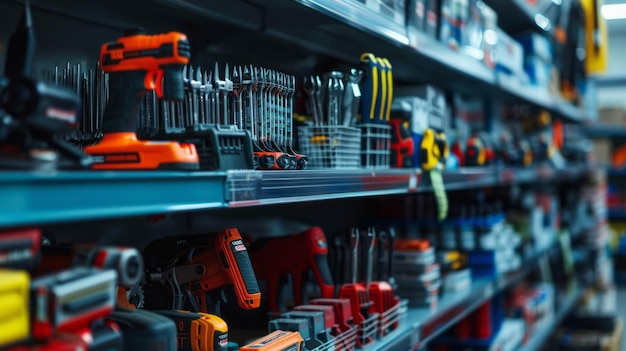 A hardware store with a variety of tools on display