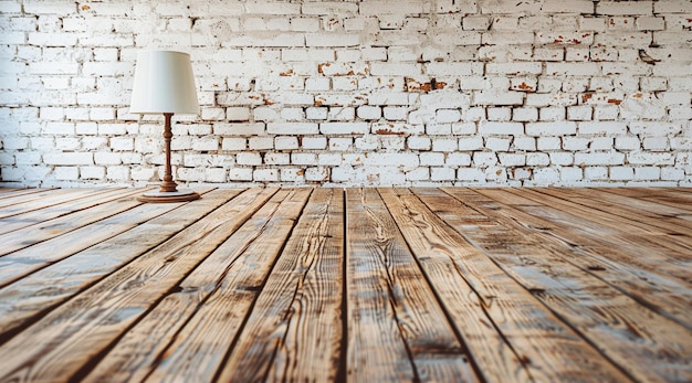 A hardwood table with a wood stain finish sits in front of a white brick wall The lamp