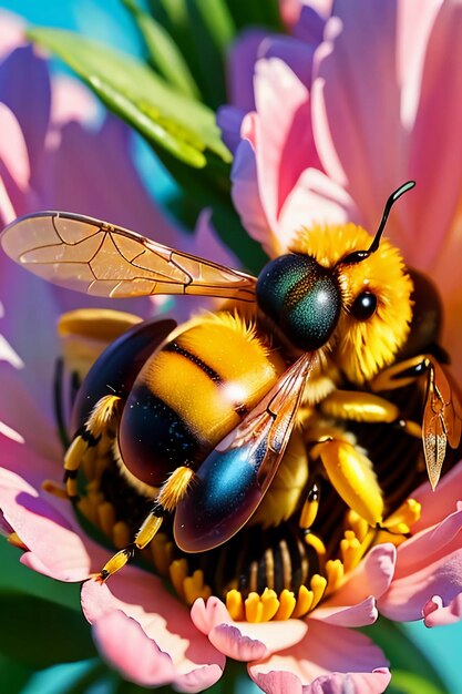 Hardworking bees collect nectar on flower petals bees love flowers petals wallpaper background