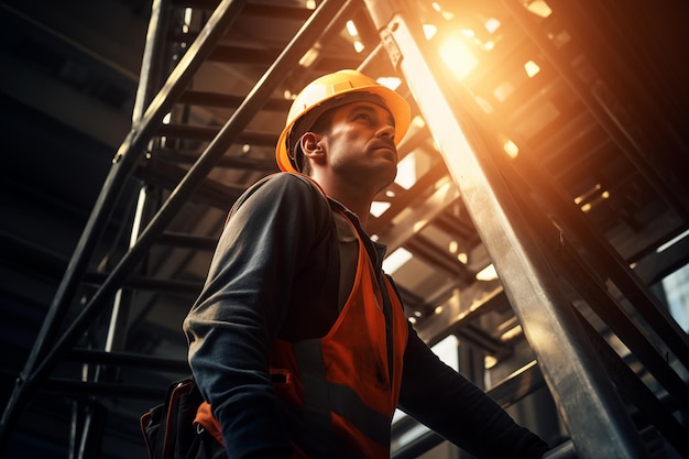 A hardworking construction site worker descending from a ladder Building under construction