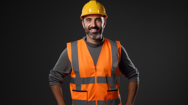 Hardworking male construction workers with high visibility undershirts and helmets on top