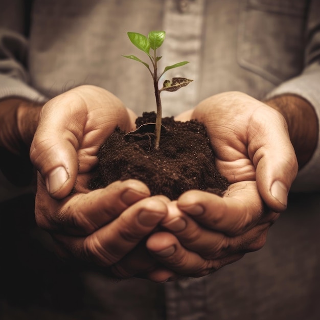 Hardworking male hands holding some ground with a green sprout Nature love and protection concept Generative AI