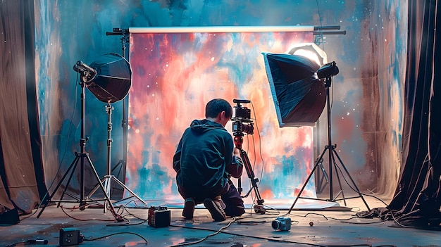 Hardworking Photographer Setting Up a Professional Product Photo Shoot in Studio