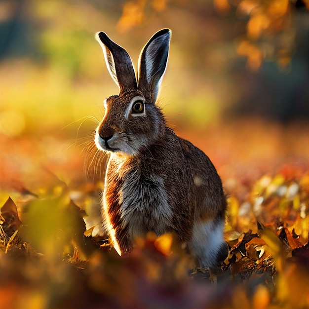 A hare in a field of autumn leaves