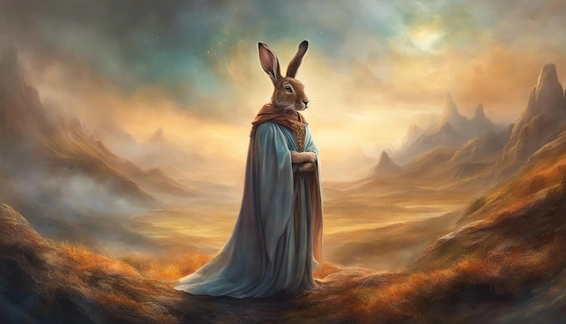 Hare portrait Fantasy hare against the backdrop of a mystical landscape Dramatic scene lighting