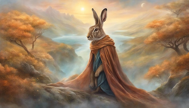 Hare portrait Fantasy scientist hare against the backdrop of a mystical landscape