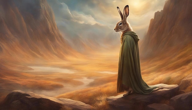 Hare portrait Fantasy scientist rabbit against a mystical landscape background Dramatic lighting