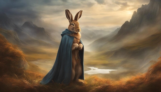 Hare portrait Fantasy scientist rabbit against a mystical landscape background Dramatic scene