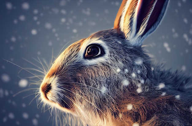 Hare in the snow gray rabbit 3d render Raster illustration