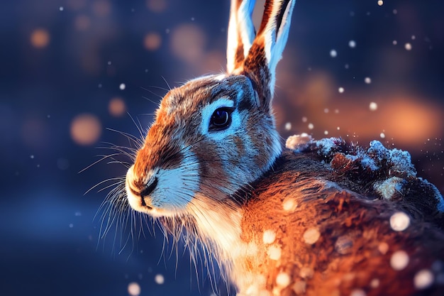 Hare in the snow gray rabbit 3d render Raster illustration