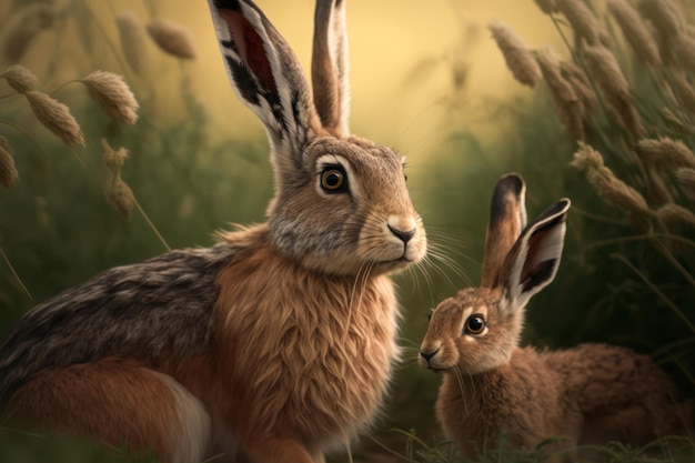 Hare with cub in natural habitat Generative AI