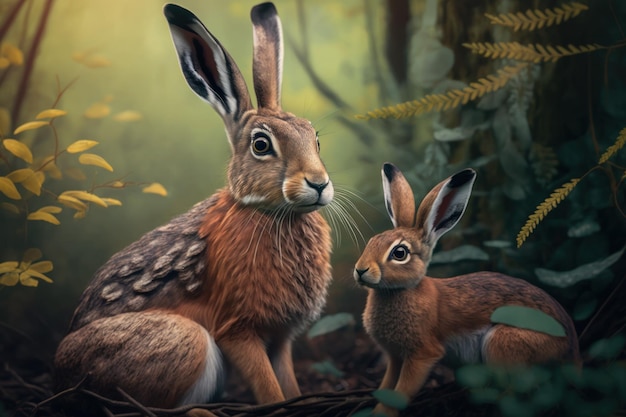 Hare with cub in natural habitat Generative AI