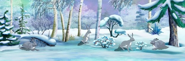 Hares in a winter forest illustration