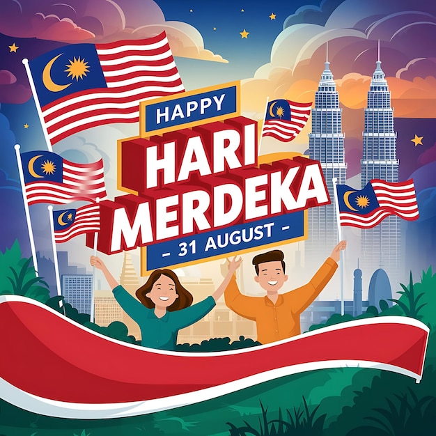 Hari merdeka with buildings and flag