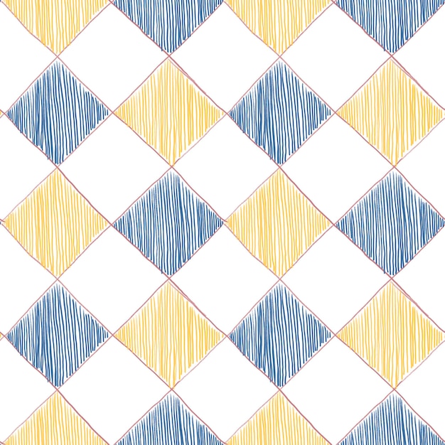 Harlequin bright color seamless pattern. Graphic repeat print in yellow blue white colors with diamonds for textile fabric kitchen decor apparel.