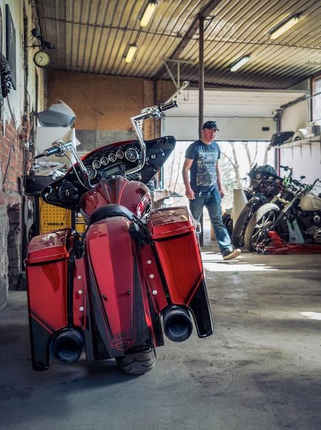 Harley Davidson motorcycles in a motorcycle workshop on the outskirts