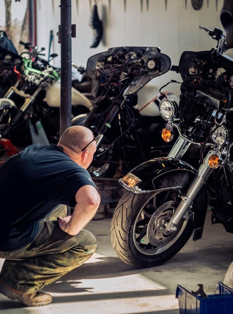 Harley Davidson motorcycles in a motorcycle workshop on the outskirts