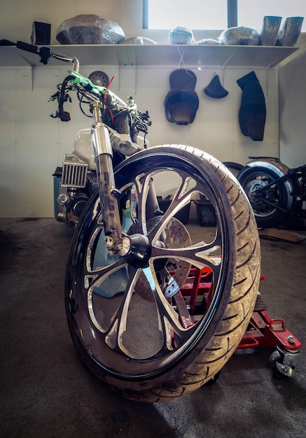 Harley Davidson motorcycles in a motorcycle workshop on the outskirts