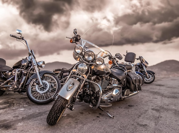 Harley Davidson motorcycles outside on a cloudy day