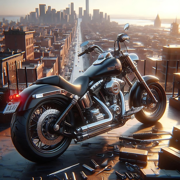 Harley Davidson on the Rooftop with Skyline View