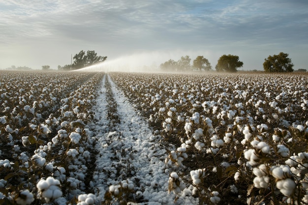 Photo harmful agricultural practices pesticide spraying in cotton field polluting water bodies