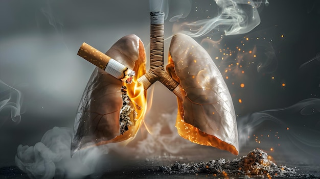 Harmful cigarette smoke leading to lung damage and diseases caused by tobacco smoking