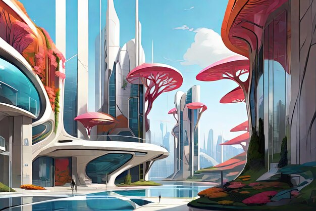 Harmonious blend of modern architecture and organic nature digital illustration with vibrant colors