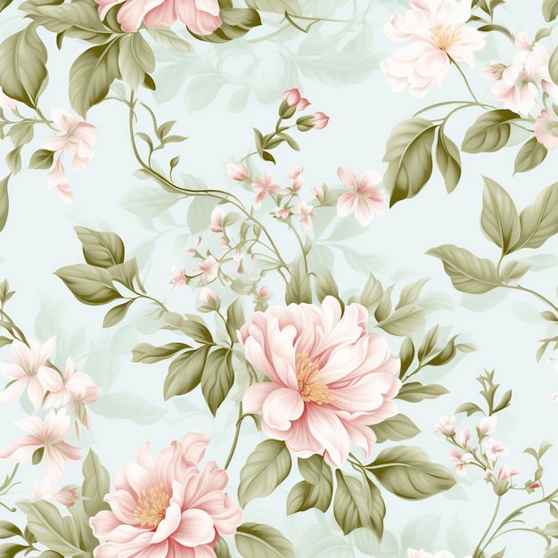 Harmonious Dance Seamless Pattern of Delicate Flowers and Leaves in Pastel Hues