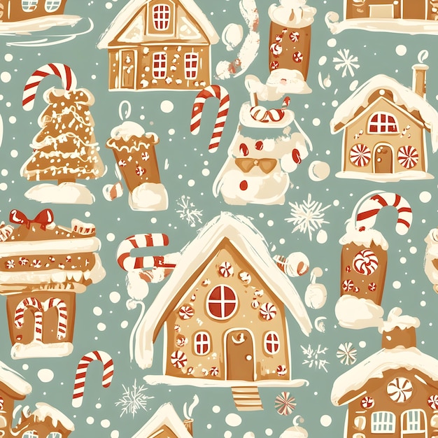 Harmonious Gingerbread Houses and Christmas Cookies Pattern with Candy Canes and Sugarplums