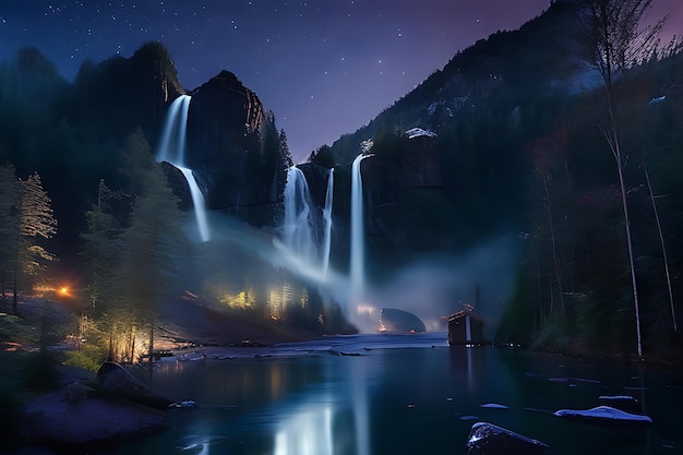 Harmonious scene where waterfalls descend gracefully