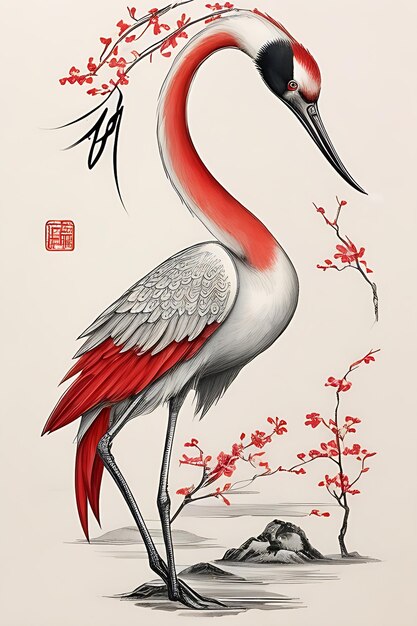 Photo harmonious whimsy shuimo hua black and red ink crane in chinese style by mschiffer sketch 13