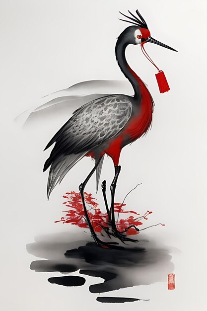 Photo harmonious whimsy shuimo hua black and red ink crane in chinese style by mschiffer sketch 13