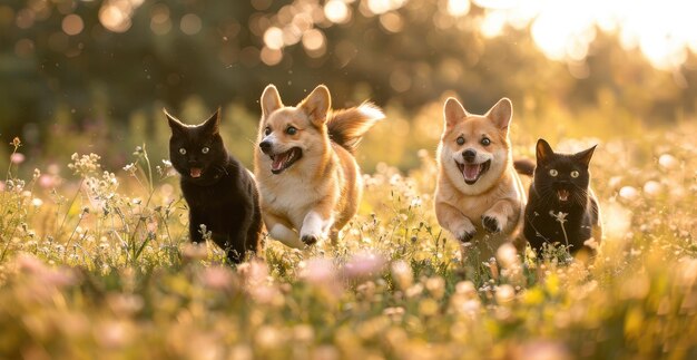 Harmony in Motion Corgis and Shiba Inus Enjoying Playtime with Feline Friends Generative AI