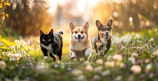 Harmony in Motion Corgis and Shiba Inus Enjoying Playtime with Feline Friends Generative AI