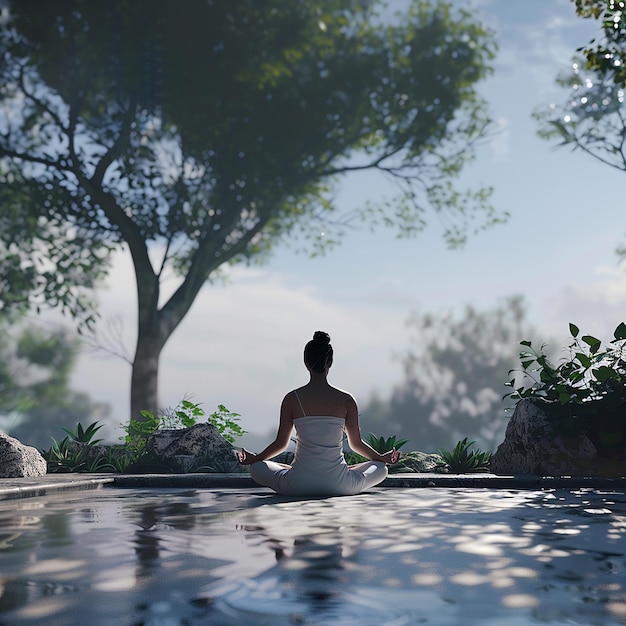 Harmony in Nature A 3D Rendered Yoga Session Illustrating Mindfulness and SelfCare