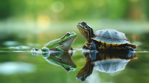 Photo harmony in nature frog and turtle by a peaceful pond