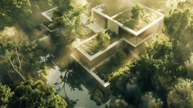 Harmony in Nature Sustainable Architecture with Serene Aerial Views and Soft Light